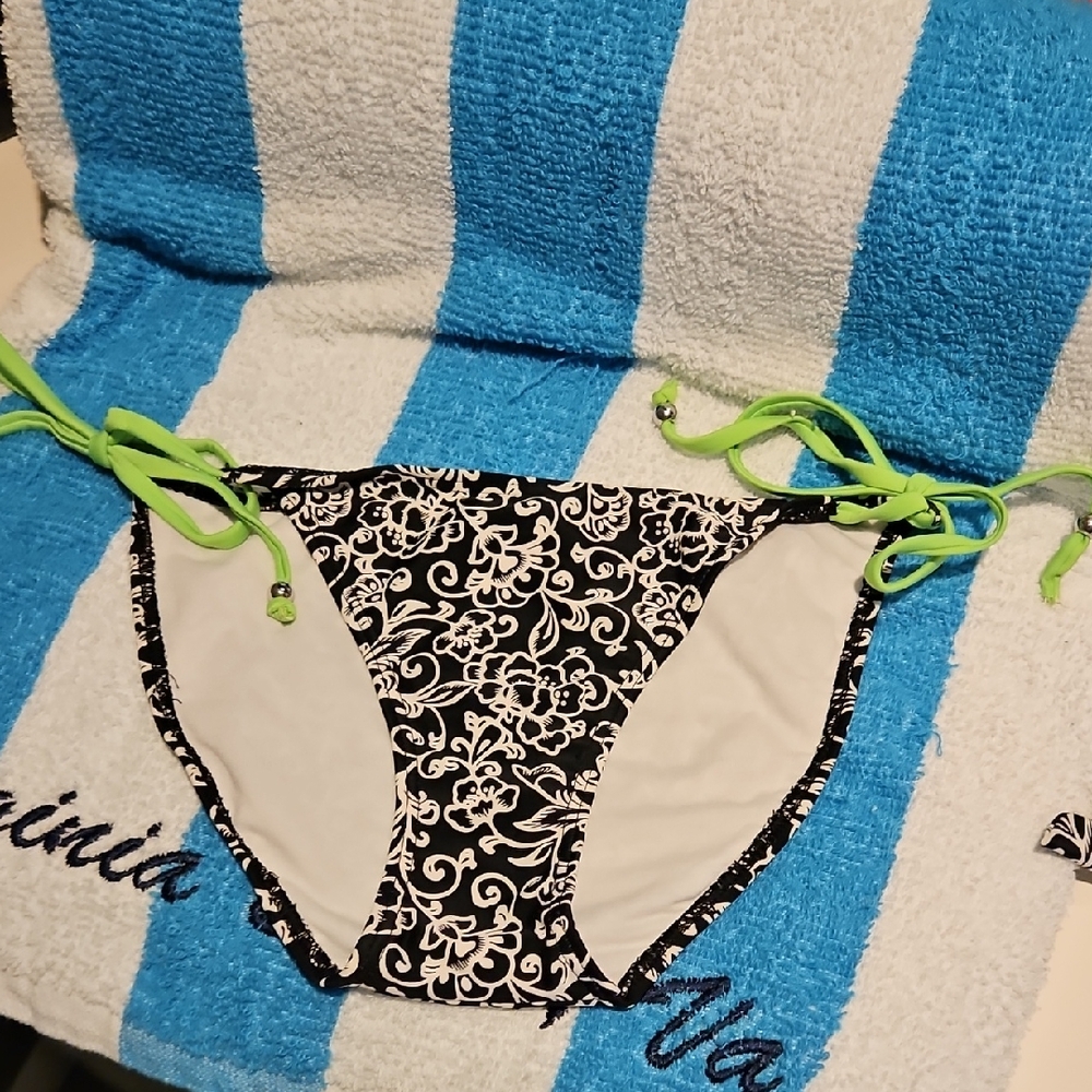 Black & White Floral Bikini Bottom with Green Ties